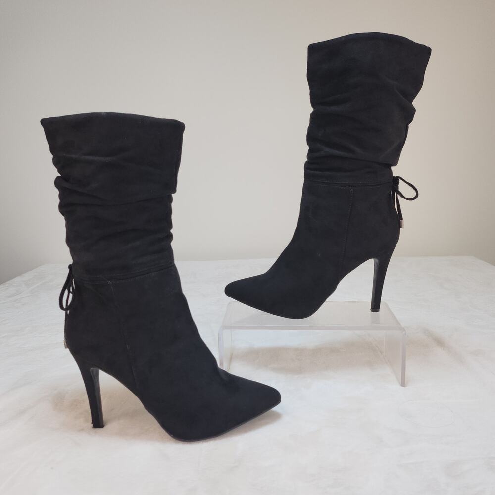 Whimsigoth Witchcore Black Heeled Boots 8W Wide Pointed Toe Bow Slouchy Mid Calf